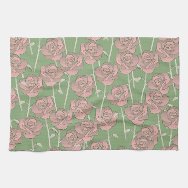 Grüner rosa tropischer botanischer Frühling Sommer Geschirrtuch (Horizontal)