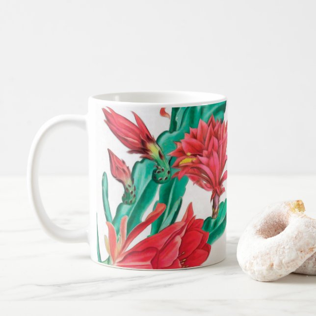 Grüner roter blühender Kaktusmuster Kaffeetasse (Mit Donut)