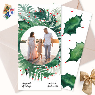 Grüner roter Weihnachts-Botanik-Kranz Foto lang Feiertagskarte