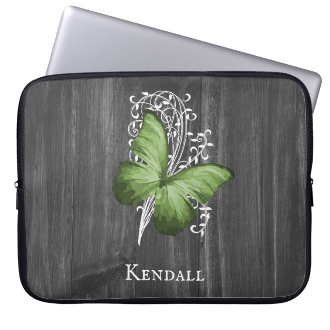 Grüner Rustikaler Schmetterling Personalisierter L Laptopschutzhülle (Vorderseite)
