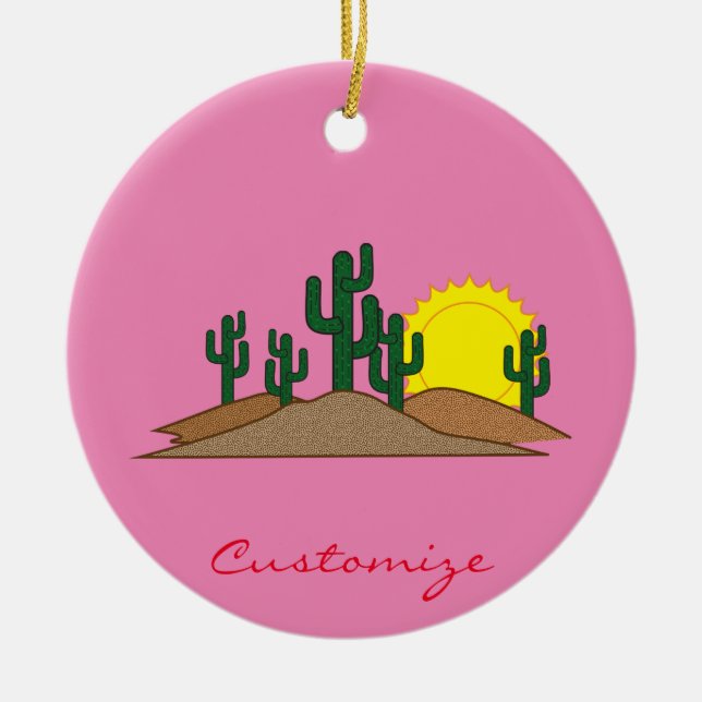 Grüner Saguaro-Kaktus-Wüsten-Sonnenaufgang Keramik Ornament (Vorne)