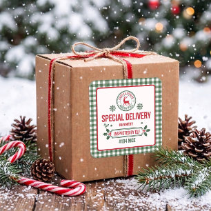 Grüner Santa-Express-Rentier-Lieferung Kariert Quadratischer Aufkleber