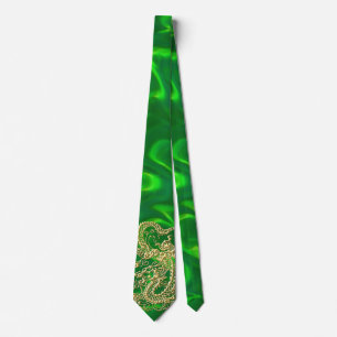 Grüner Satin-Schlips mit Gold-Drache Lush Krawatte