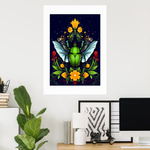 Grüner Schlag mit Fliege und Blume Poster