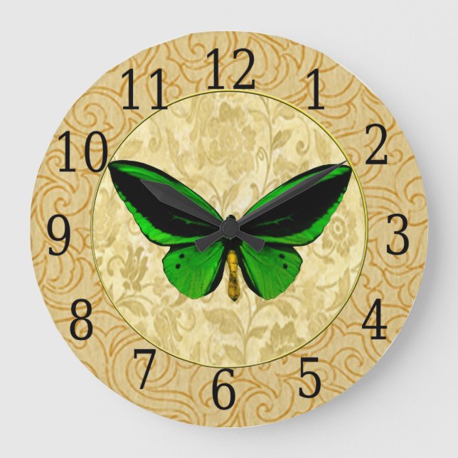 Grüner Schmetterling auf der Blumenuhr Große Wanduhr (Vorderseite)