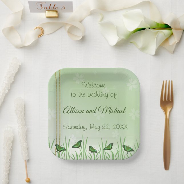 Grüner Schmetterling auf hellgrün - Hochzeit Pappteller (Hochzeit)