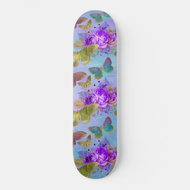 Grüner Schmetterling Lila Rose Gartenmuster Skateboard (Vorderseite)