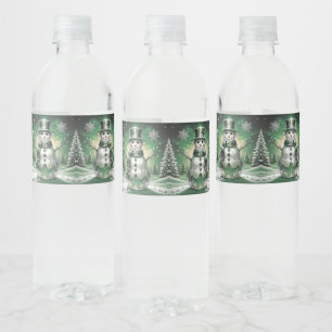Grüner Schneemann-Schneeflocken-Feier Wasserflaschenetikett