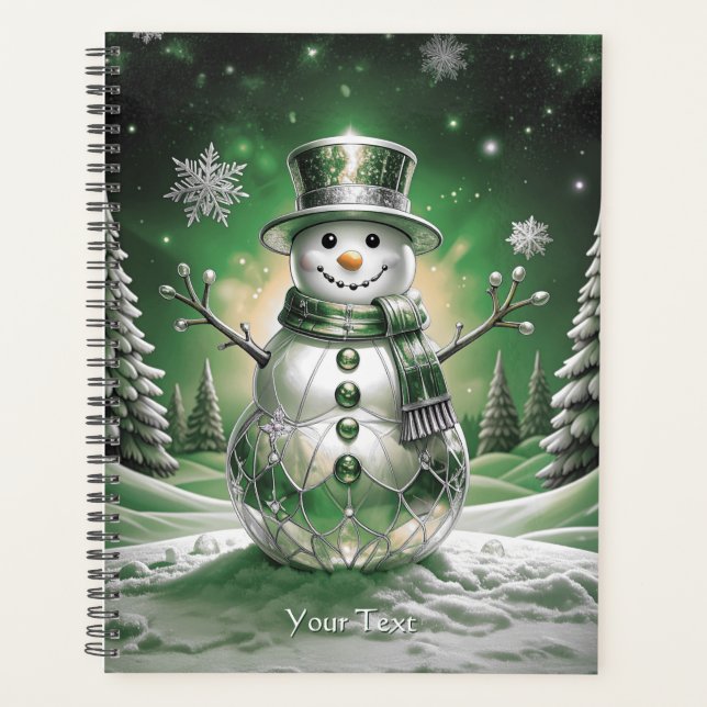 Grüner Schneemann-Schneeflocken-Feiertag Planer (Vorderseite)