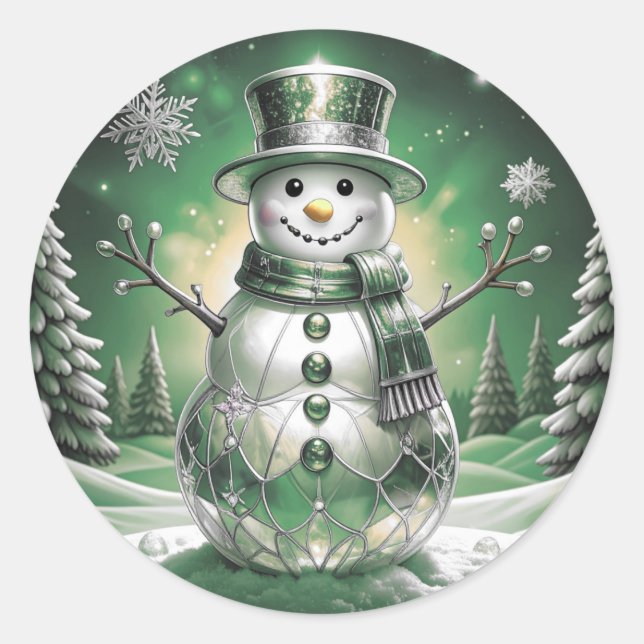 Grüner Schneemann-Schneeflocken-Feiertags-Aufklebe Runder Aufkleber (Vorderseite)