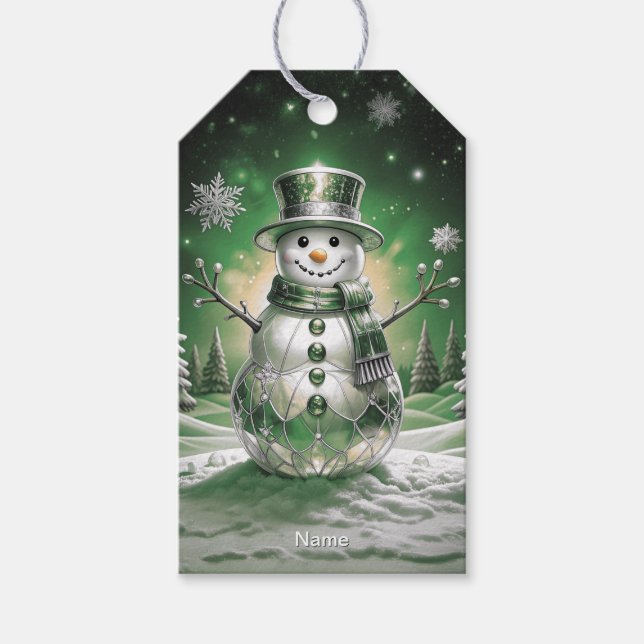 Grüner Schneemann-Schneeflocken-Feiertags-Geschenk Geschenkanhänger (Vorderseite)