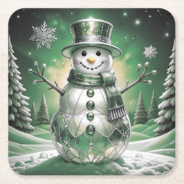 Grüner Schneemann-Schneeflocken-Feiertags-Papier-U Rechteckiger Pappuntersetzer