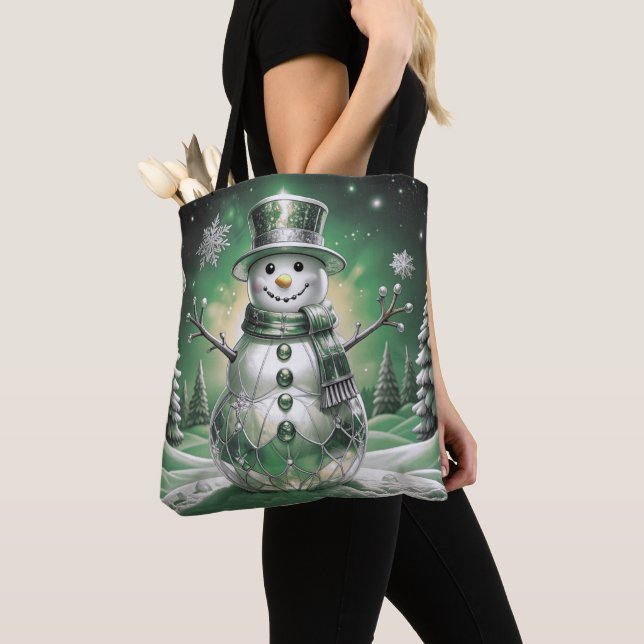 Grüner Schneemann-Schneeflocken-Feiertags-Tragetas (Von Nahem)