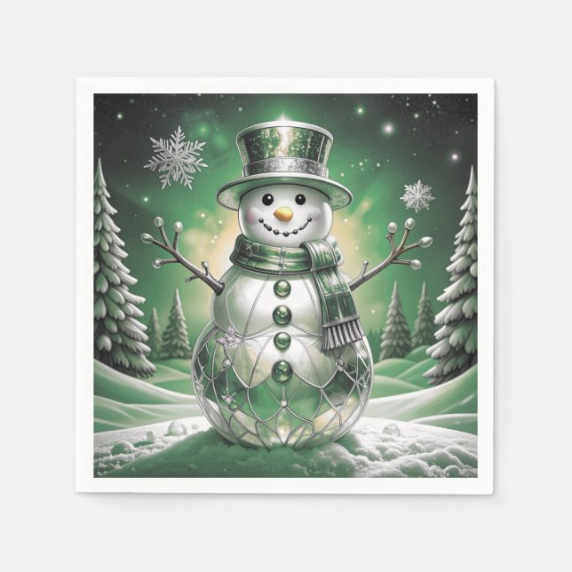 Grüner Schneemann-Schneeflocken-Feiertagsserviette Serviette (Vorderseite)