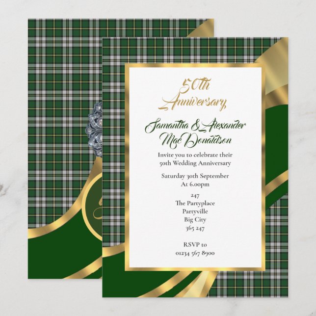 Grüner schottischer Tartan-goldener Hochzeitstag Einladung (Vorne/Hinten)