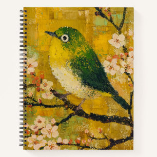Grüner Singvogel Kirschblüten Spiralblock Notizbuch