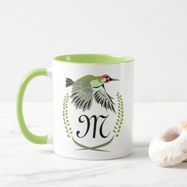 Grüner Specker im Flug Monogram Tasse (Mit Donut)