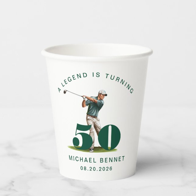 Grüner Sportgolfer 50. Geburtstag Pappbecher (Vorderseite)