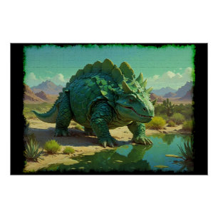 Grüner Stegosaurus und Wüstenpool Poster