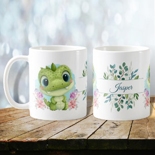 Grüner süßer Dinosaurier Blumen Thema Personalisie Kaffeetasse