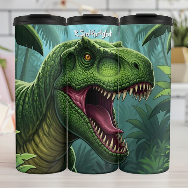 Grüner T-Rex brüllt im Dschungel Thermosbecher (Von Creator hochgeladen)