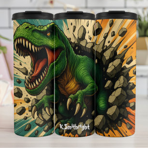 Grüner T-Rex durchbricht brüllend eine Wand Thermosbecher