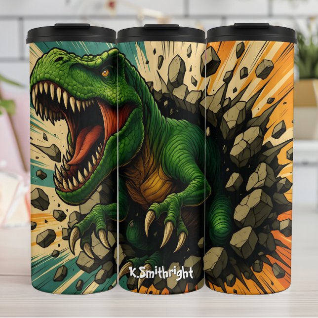 Grüner T-Rex durchbricht brüllend eine Wand Thermosbecher (Von Creator hochgeladen)