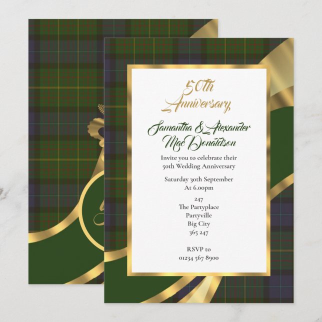 Grüner tartan karierter goldener Hochzeitstag Einladung (Vorne/Hinten)