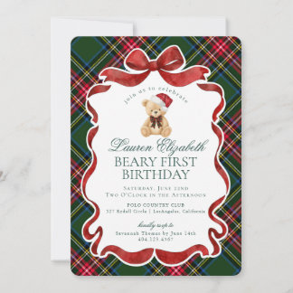 Grüner Tartan Karo Weihnachts Beary Erster Geburts Einladung