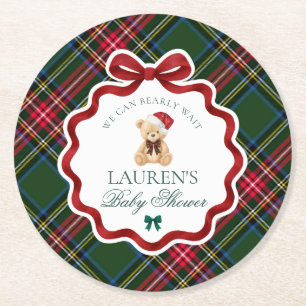 Grüner Tartan Karo Weihnachtsbär Baby Shower  Runder Pappuntersetzer