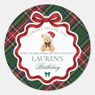 Grüner Tartan-Karo-Weihnachtsbär-Geburtstagsfavori Runder Aufkleber