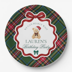 Grüner Tartan Karo Weihnachtsbär Geburtstagsfeier Pappteller