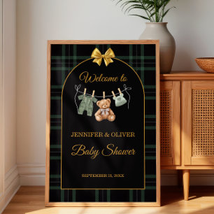 Grüner Tartan Teddy Bär Willkommen zur Babyparty Poster