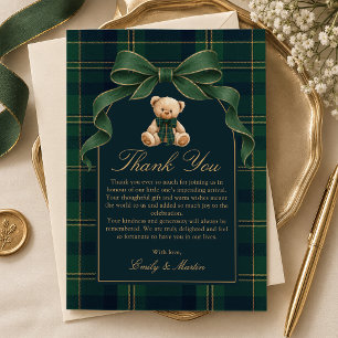 Grüner Tartan Teddybär Baby Shower Dankeskarte