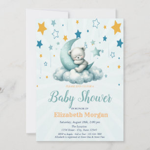 Grüner Teddybär, Sterne Wolken Mond Baby Shower Einladung