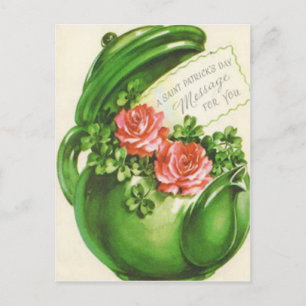 Grüner Teekannen-Rosen-Kleeblatt St. Patrick's Day Postkarte