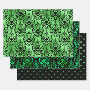 Grüner Totenkopf Halloween Damast Muster Geschenkpapier Set