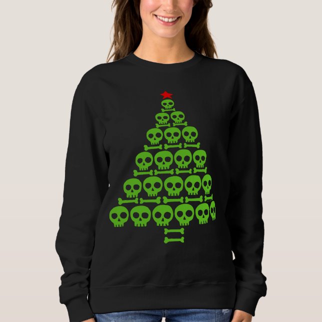 Grüner Totenkopf- und Knochen-Weihnachtsbaum Sweatshirt (Vorderseite)