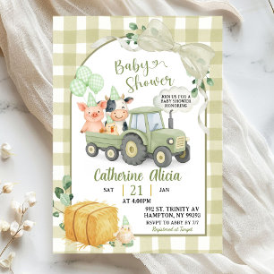 Grüner Traktor Gingham Coquette Farm Baby Shower Einladung