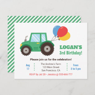 Grüner Traktor und Balloons Geburtstagsparty Einladung