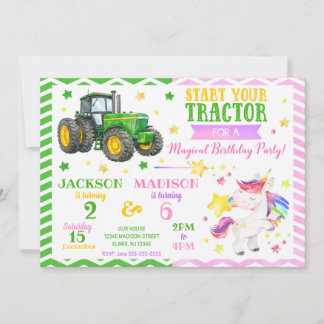 Grüner Traktor und Einhorn gemeinsamer Geburtstag Einladung