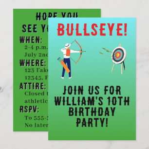 Grüner und blauer Bullseye-Bogenschieß-Geburtstag Einladung