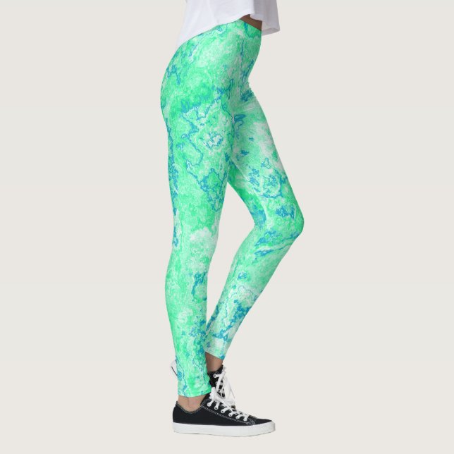 grüner und blauer Marmor Abstrakter Swirl Leggings (Rechts)
