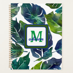 Grüner und blauer Philodendron mit Monogramm-Blatt Planer
