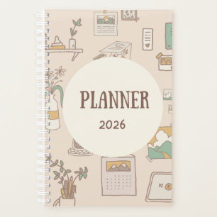 Grüner und brauner illustrativer Tagesplaner 2026 Planer