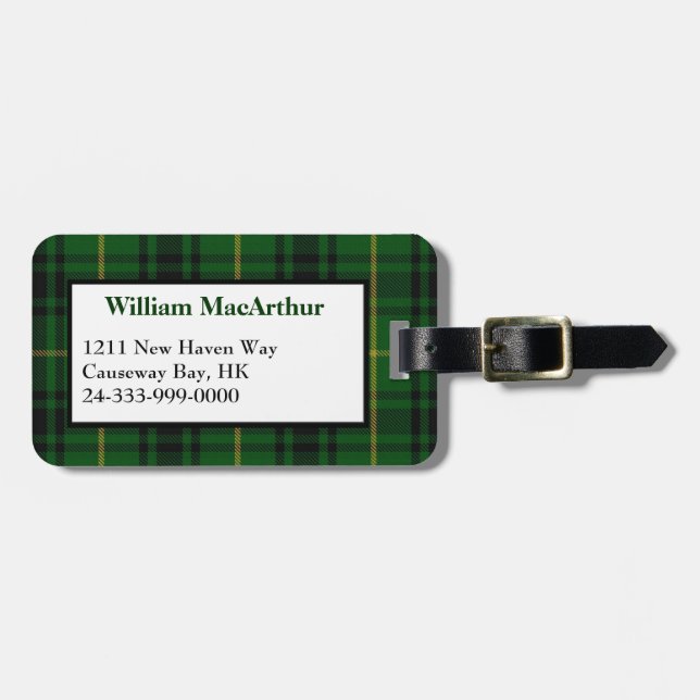 Grüner und gelber Clan MacArthur karierter Gepäckanhänger (Vorderseite horizontal)