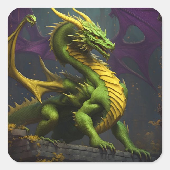 Grüner und Gelber Drache Quadratischer Aufkleber (Vorderseite)