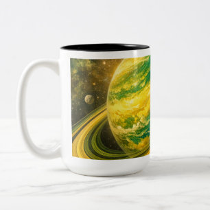 Grüner und gelber Planet mit Ringen Zweifarbige Tasse