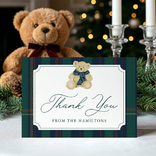 Grüner und Navy karierter Teddybär Baby Shower Dankeskarte