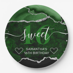 Grüner und silberner Glitter-Achat-Marmor Sweet 16 Pappteller